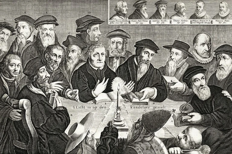 A dozen and a half men, most of them wearing hats, gather around a table with a candle lit on it, in a black and white engraving.