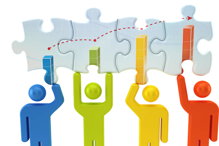 Four figurines of different colors hold interconnecting puzzle pieces aloft, illustrating the importance of diverse perspectives for getting a full picture.