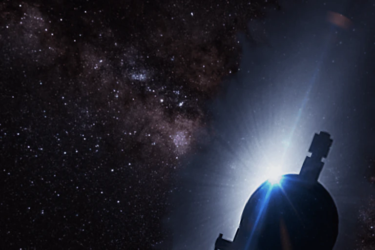 An image of a telescope with a faint Sun behind it.