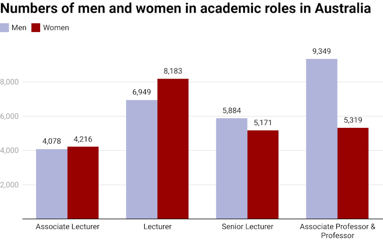 Vertical bar chart showing numbers of men and women in academic positions in order of seniority in Australia in 2020
