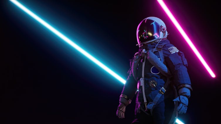 Spacesuited human with glowing red and blue straight lines behind them.