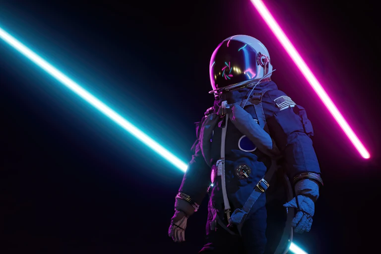 an astronaut stands in darkness with pink and blue neon strips in the background