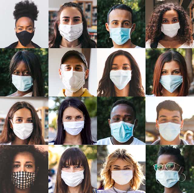 Grid of headshots of teens and young adults wearing face masks