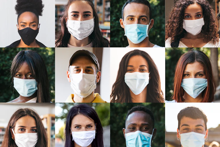 Grid of headshots of teens and young adults wearing face masks