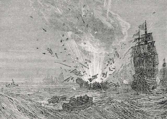 An etching showing a ship being blown up during the first anglo dutch war.