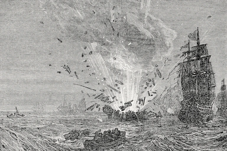 An etching showing a ship being blown up during the first anglo dutch war.