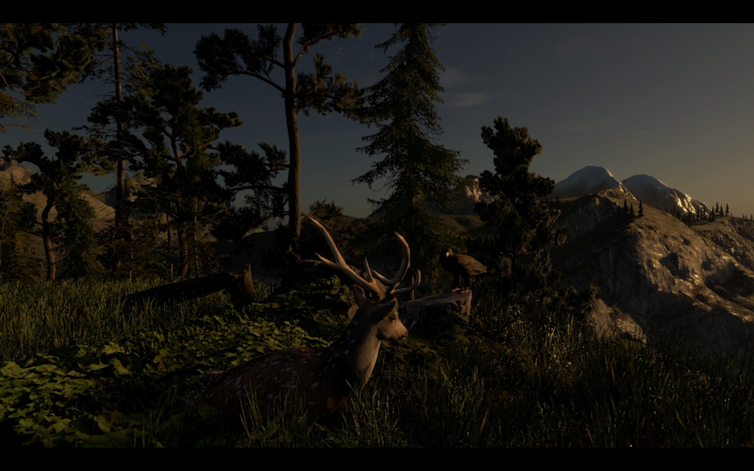 A digitally rendered wilderness with trees, a stag, and distant mountains in sunset light.