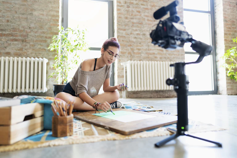 Young woman films herself while she sits cross-legged and paints