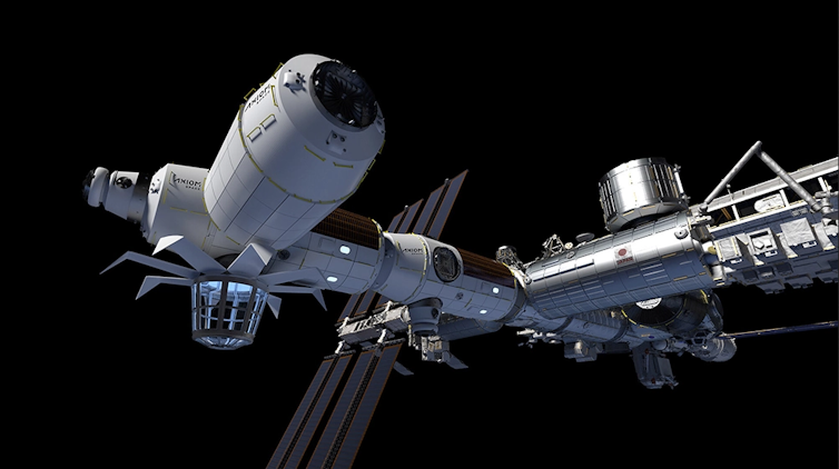Varios módulos, incluido un módulo de visualización grande, todos etiquetados con el logotipo corporativo de Axiom Space se agregan al frente de la Estación Espacial Internacional en esta imagen conceptual.