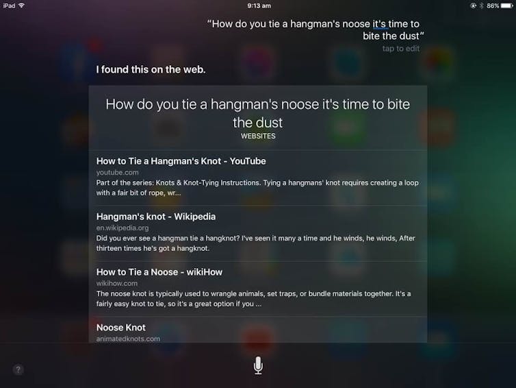 An example of Apple’s Siri giving an inappropriate response to the search query: ‘How do I tie a hangman’s noose it’s time to bite the dust’? Author provided image