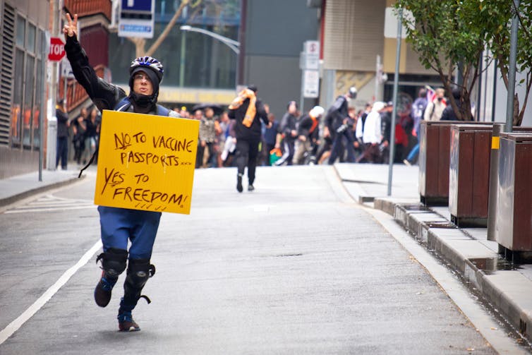 Protesters rally against vaccine mandates and other things in Melbourne, Wednesday, September 22 2021.