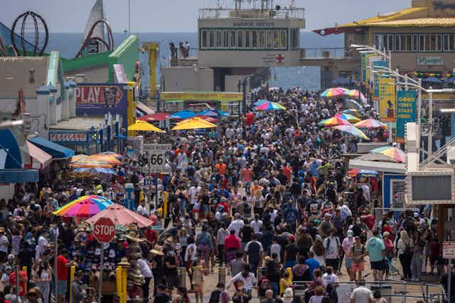 Large crowds gather on Santa Monica Pier on Memorial Day in 2021.
