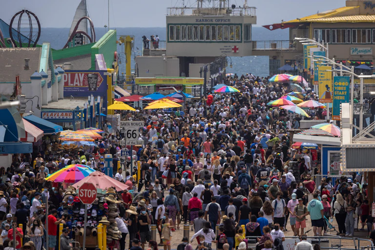 Large crowds gather on Santa Monica Pier on Memorial Day in 2021.