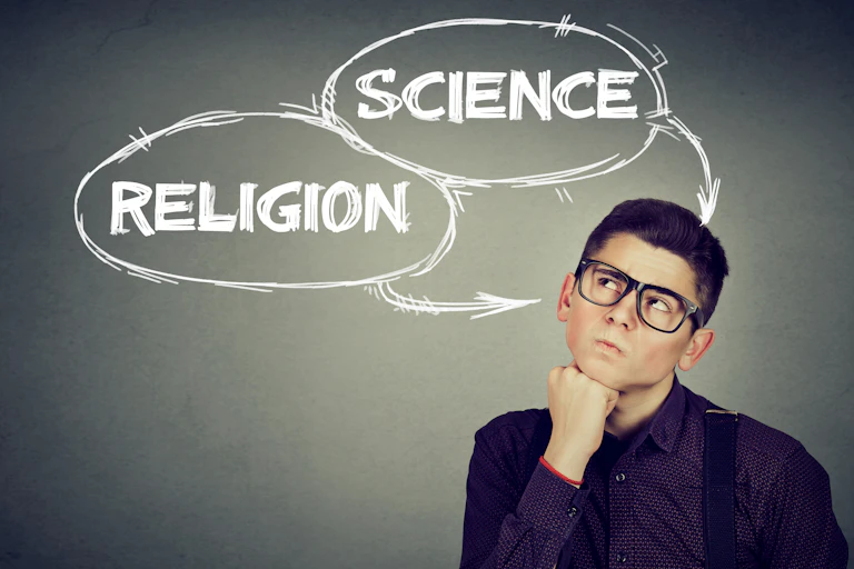 A young man thinking about science and religion.