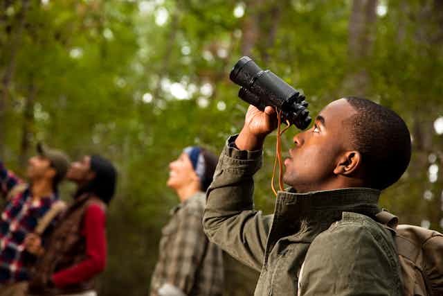 Man peers through binoculars while looking up at trees