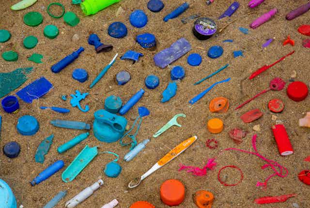 Plastic garbage on a shoreline is sorted by colour: greens, blues, oranges.