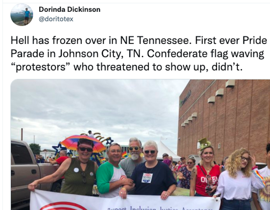 A screenshot of a Tweet that says, in part, 'Hell has frozen over in NE Tennessee. First ever Pride Parade in Johnson City, TN.'
