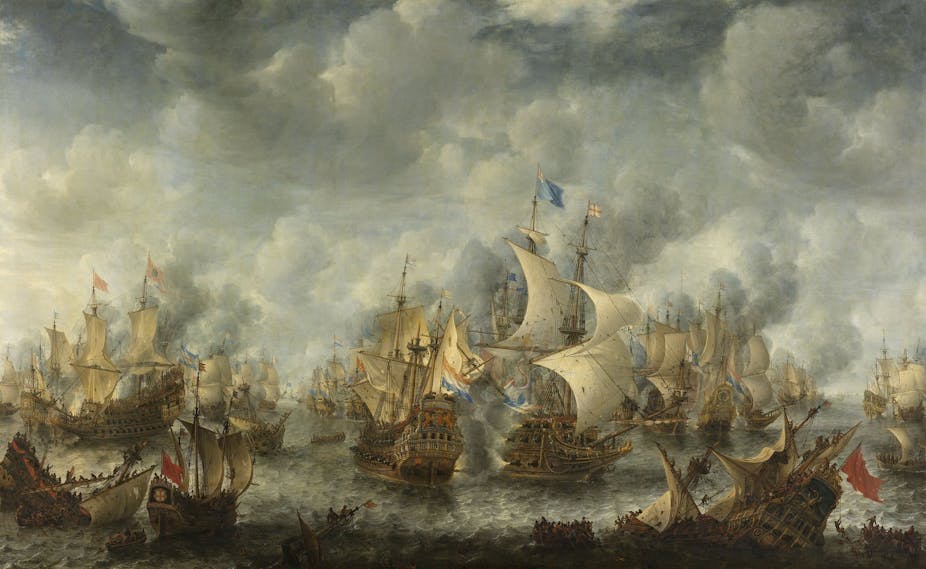 Tableau de bataille navale, bateaux en bois se tirant dessus au cannon.
