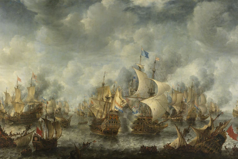 Tableau de bataille navale, bateaux en bois se tirant dessus au cannon.