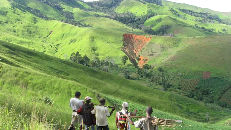Men looking at deforested landscape.