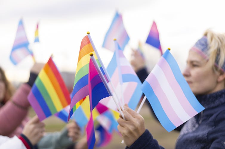 A group of people hold up LGBT and trans pride flags
