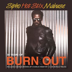 Album cover with the words 'Burn Out' and an image of a man with a short Afro and shades in a leather jacket against a zinc metal background.
