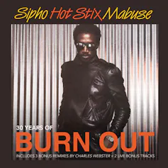 Album cover with the words 'Burn Out' and an image of a man with a short Afro and shades in a leather jacket against a zinc metal background.