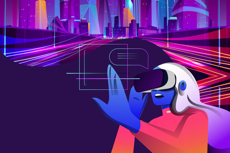A cartoon of a woman wearing a VR headset.
