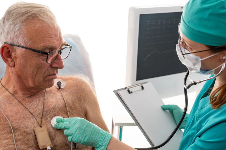 Un homme d'âge mûr est ausculté par une cardiologue.