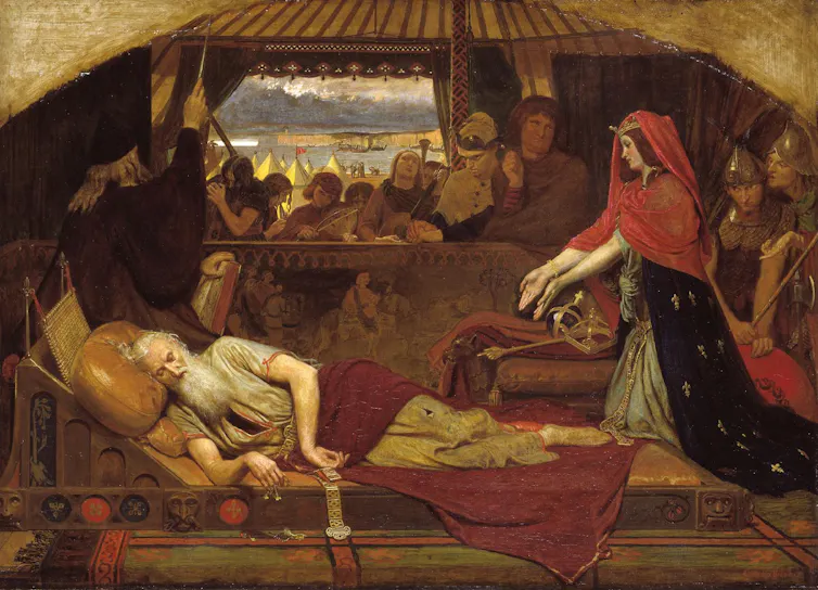 Oil painting showing an aged man stretched on a cot and his daughter reaching towards him.
