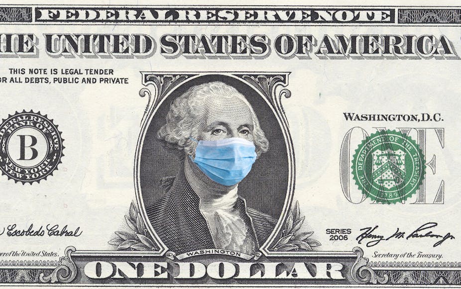 One dollar banknote with George Washington wearing a surgical mask.