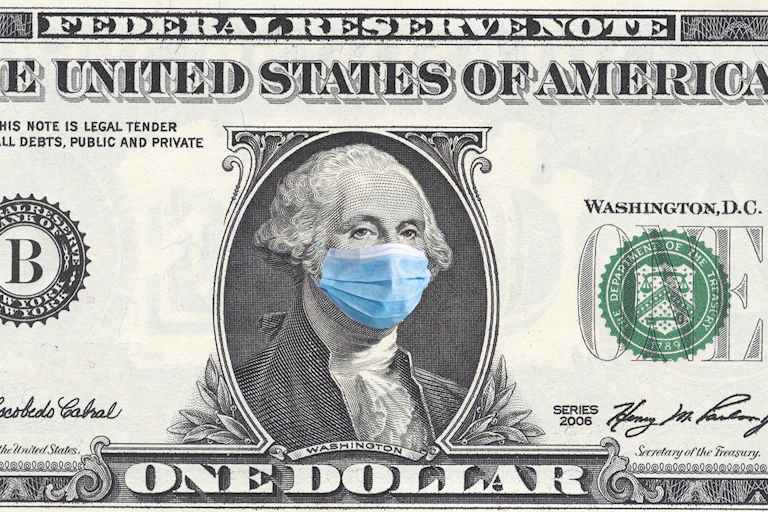 One dollar banknote with George Washington wearing a surgical mask.