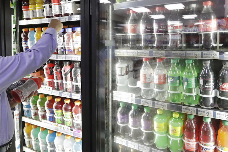 Arm of a man out of shot reaching into a retail refrigerator to choose beverages