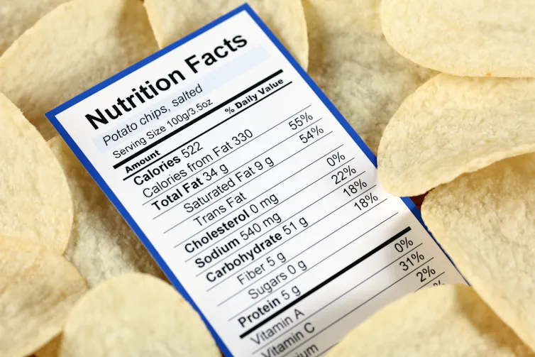 A nutrition label for potato chips lying on top of potato chips