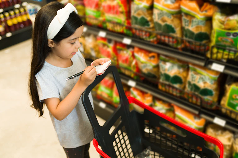 Young girl holds pen and notepad at grocery store