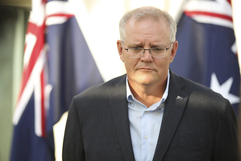 Prime Minister Scott Morrison addresses media at a doorstop interview during his visit to Al Minhad in UAE to meet with Australian troops, on Wednesday 3 November 2021