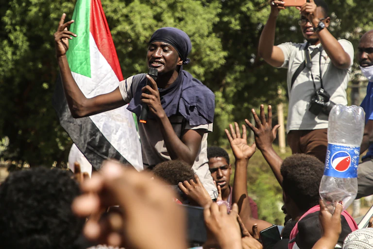 Sudanese protesters demonstrate in Khartoum against the military coup, October 2021.