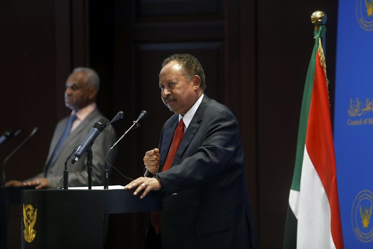 Ousted Sudanese prime minister, Abdalla Hamdok, speaks at a press conference in Khartoum, August 2021.