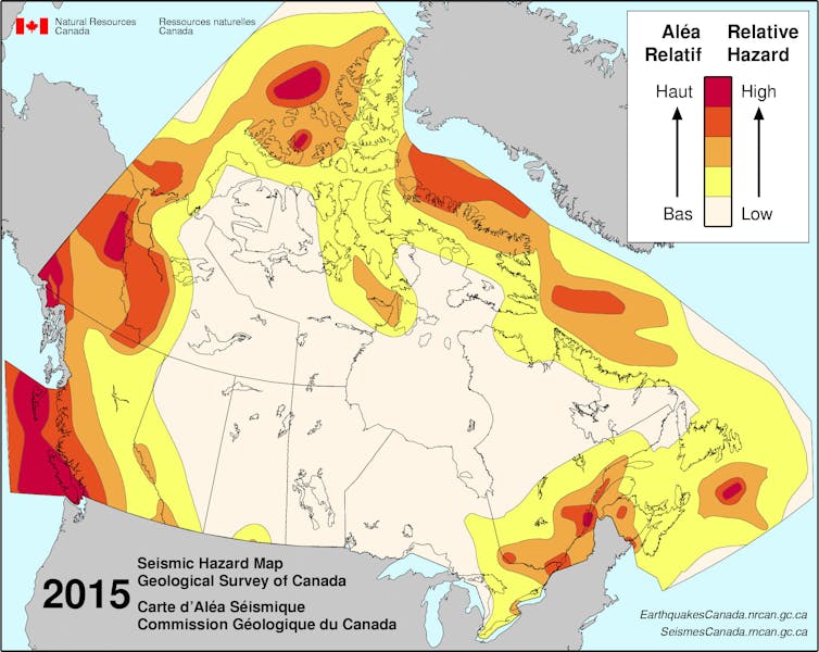 a map of canada with areas at risk of earthquake incidences noted