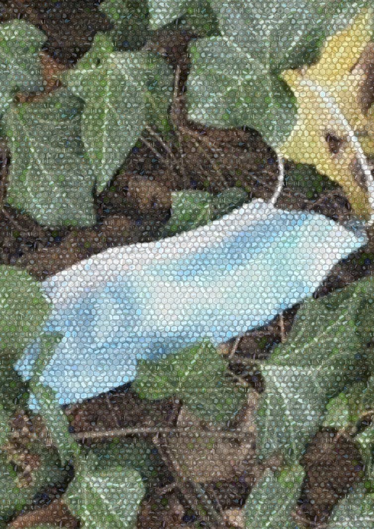 A mosaic image of a surgical mask lying among leaves.