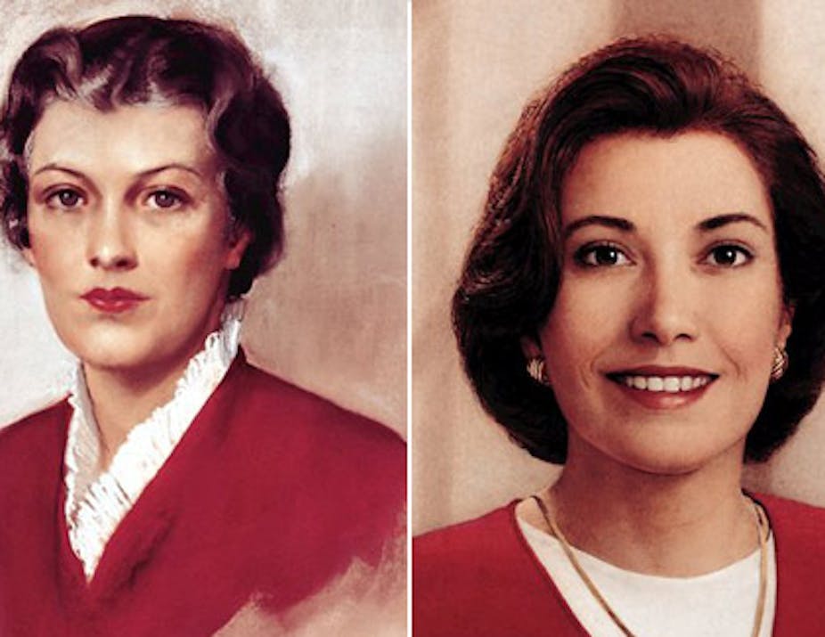 Paintings of two women wearing red.