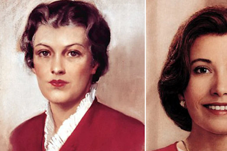Paintings of two women wearing red.