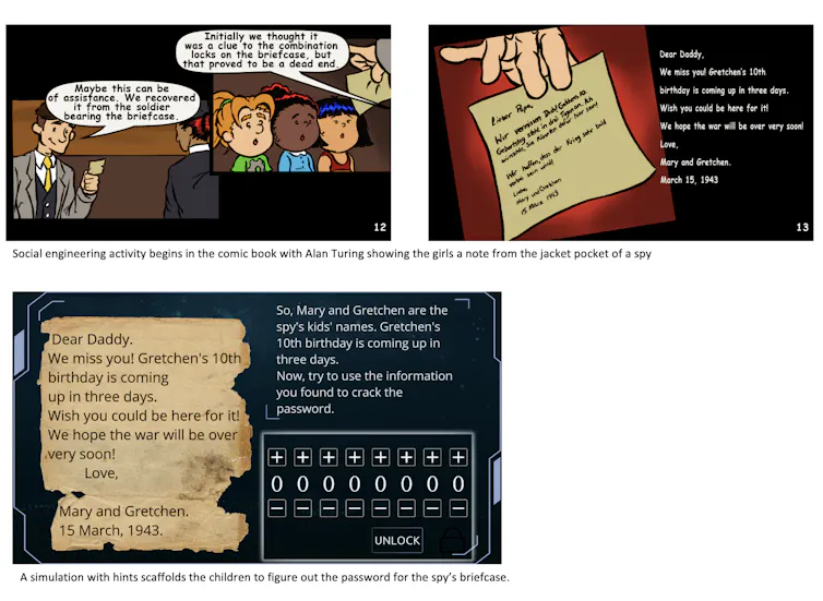 A comic book panel shows a letter written from a young girl asking her grandfather to attend a birthday party.