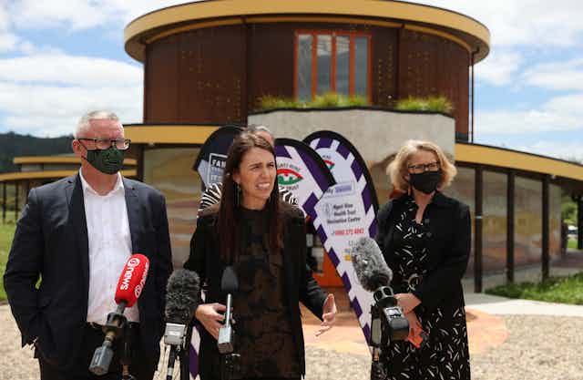Prime Minister Jacinda Ardern speaking to media in Kawakawa, in the north of the country.