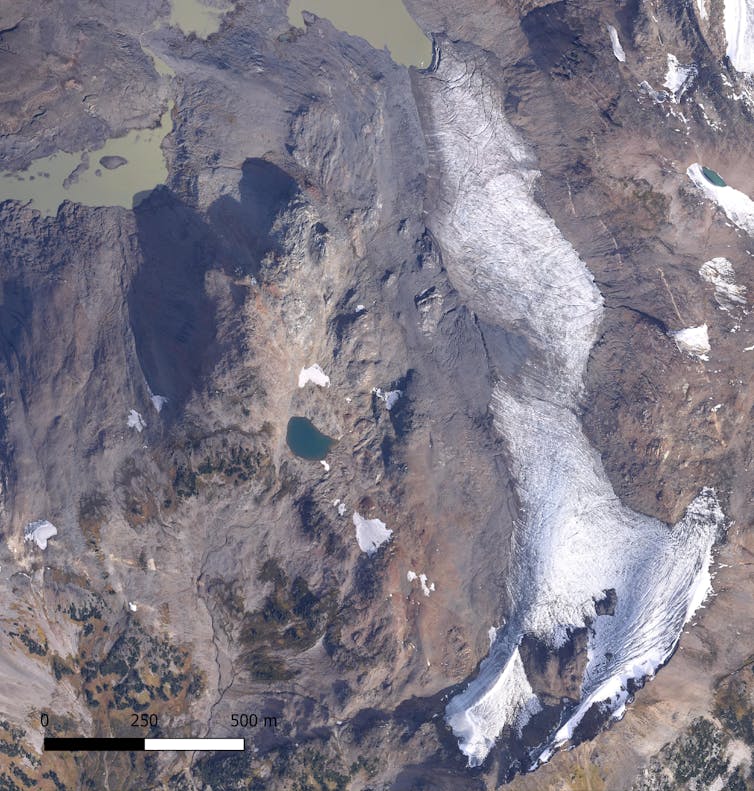 An overhead view of a mountain glacier.