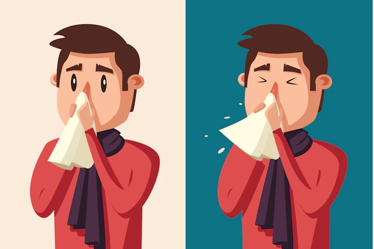 Two men blowing nose, one with eyes open, the other shut