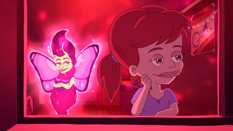 A pink fairy sits above a girl's shoulder.