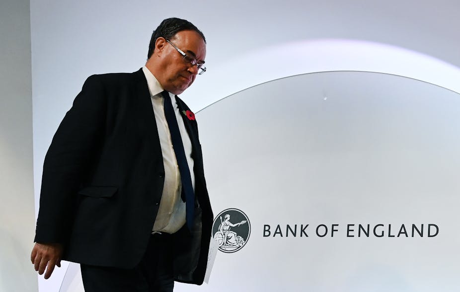 Bank of England Governor Andrew Bailey looking down