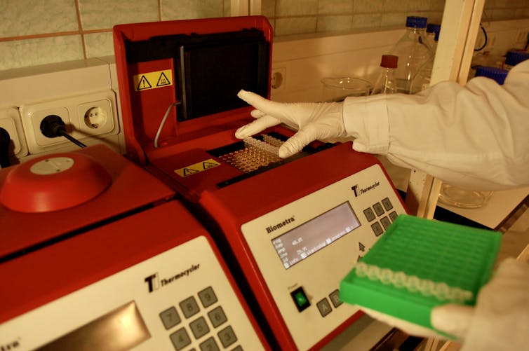 A person in a white coat with gloves placing samples into a red laboratory device.