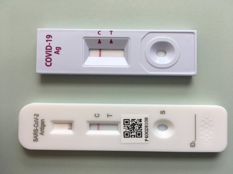 Two small white plastic tests with single lines showing negative tests results and a circular depression to place a sample. Rapid antigen tests – like the two seen here showing negative results – are much faster and easier to perform but are less sensitive than PCR tests.